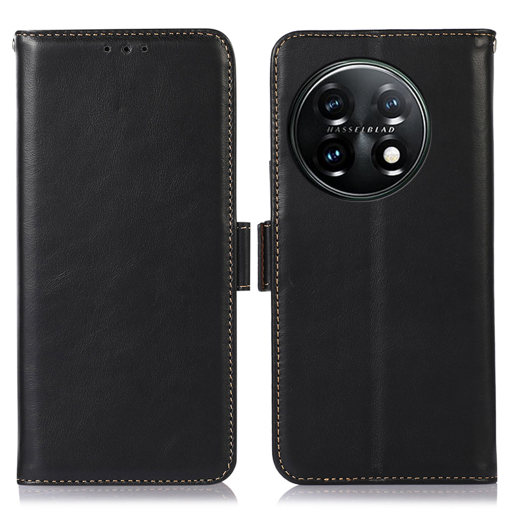 Shockproof Phone Case For OnePlus 11 5G, RFID Blocking Genuine Cowhide Leather Anti-scratch Phone Cover with Wallet Stand - Black