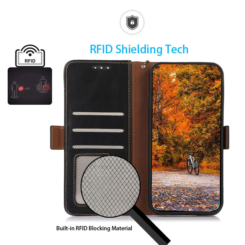 Shockproof Phone Case For OnePlus 11 5G, RFID Blocking Genuine Cowhide Leather Anti-scratch Phone Cover with Wallet Stand - Black