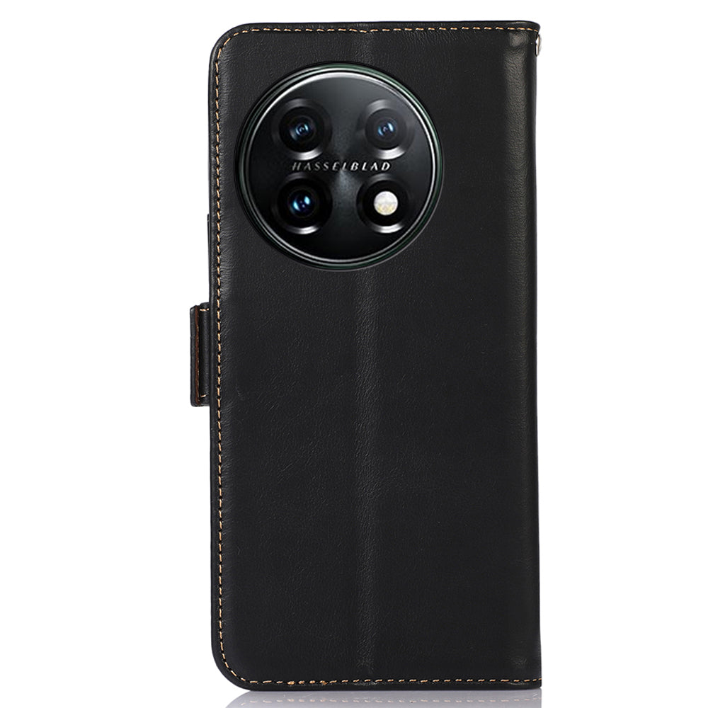 Shockproof Phone Case For OnePlus 11 5G, RFID Blocking Genuine Cowhide Leather Anti-scratch Phone Cover with Wallet Stand - Black