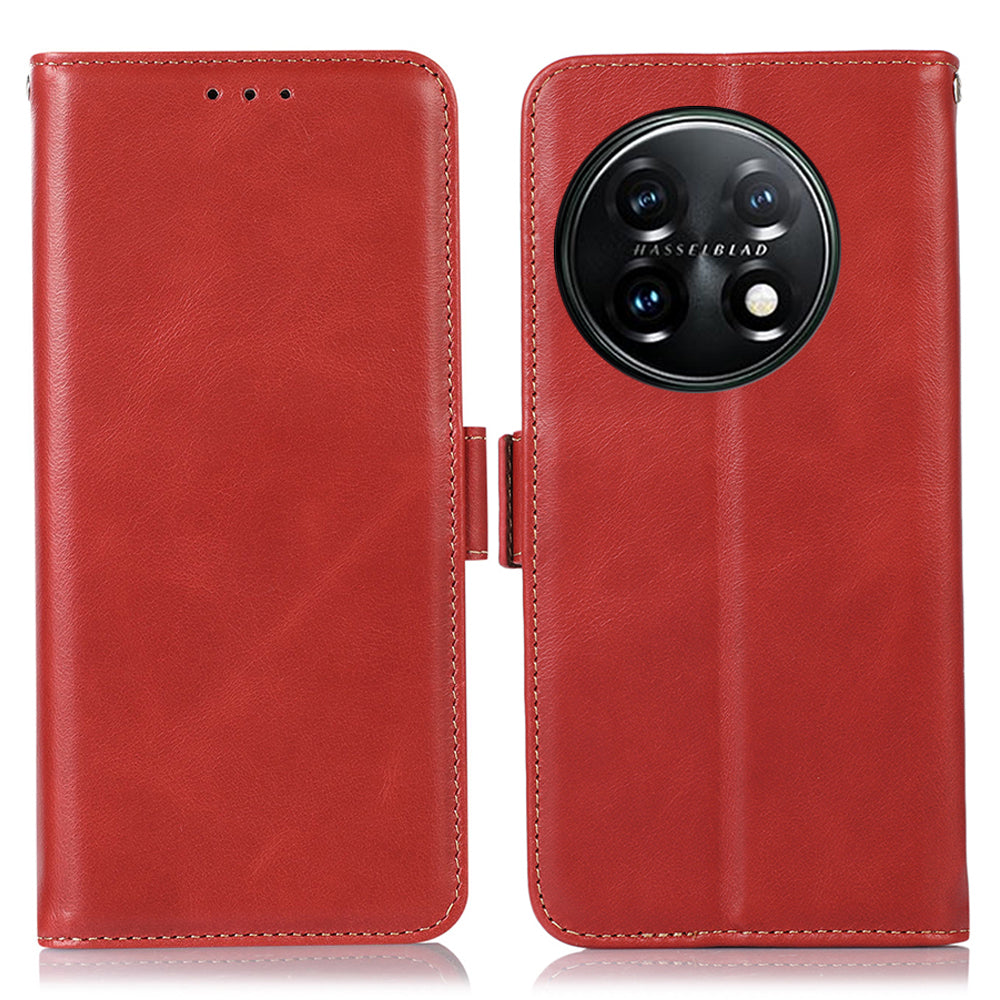 Shockproof Phone Case For OnePlus 11 5G, RFID Blocking Genuine Cowhide Leather Anti-scratch Phone Cover with Wallet Stand - Red