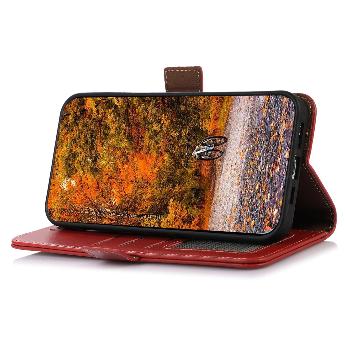 Shockproof Phone Case For OnePlus 11 5G, RFID Blocking Genuine Cowhide Leather Anti-scratch Phone Cover with Wallet Stand - Red