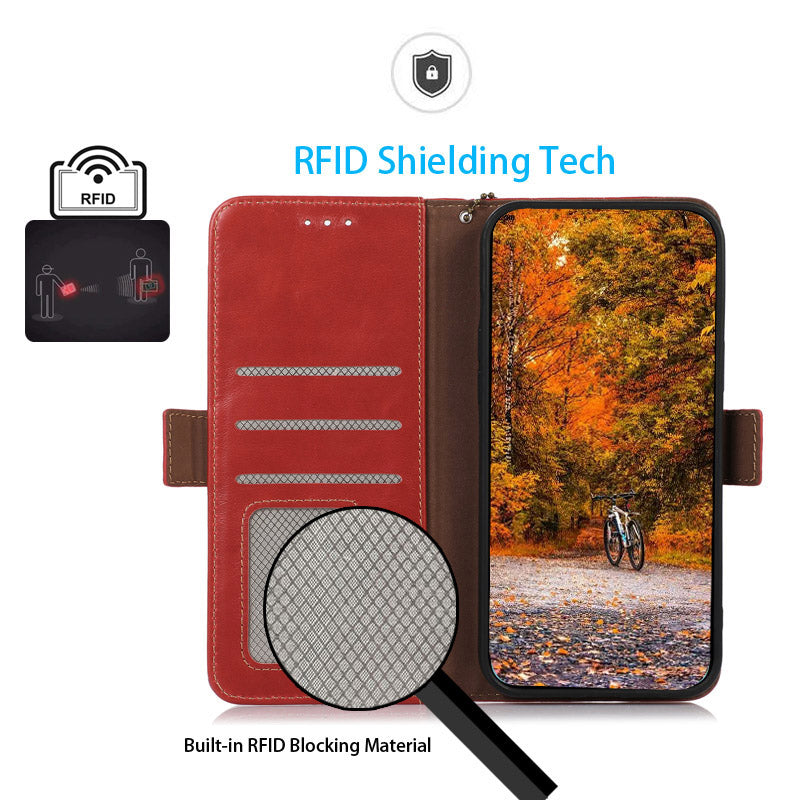 Shockproof Phone Case For OnePlus 11 5G, RFID Blocking Genuine Cowhide Leather Anti-scratch Phone Cover with Wallet Stand - Red