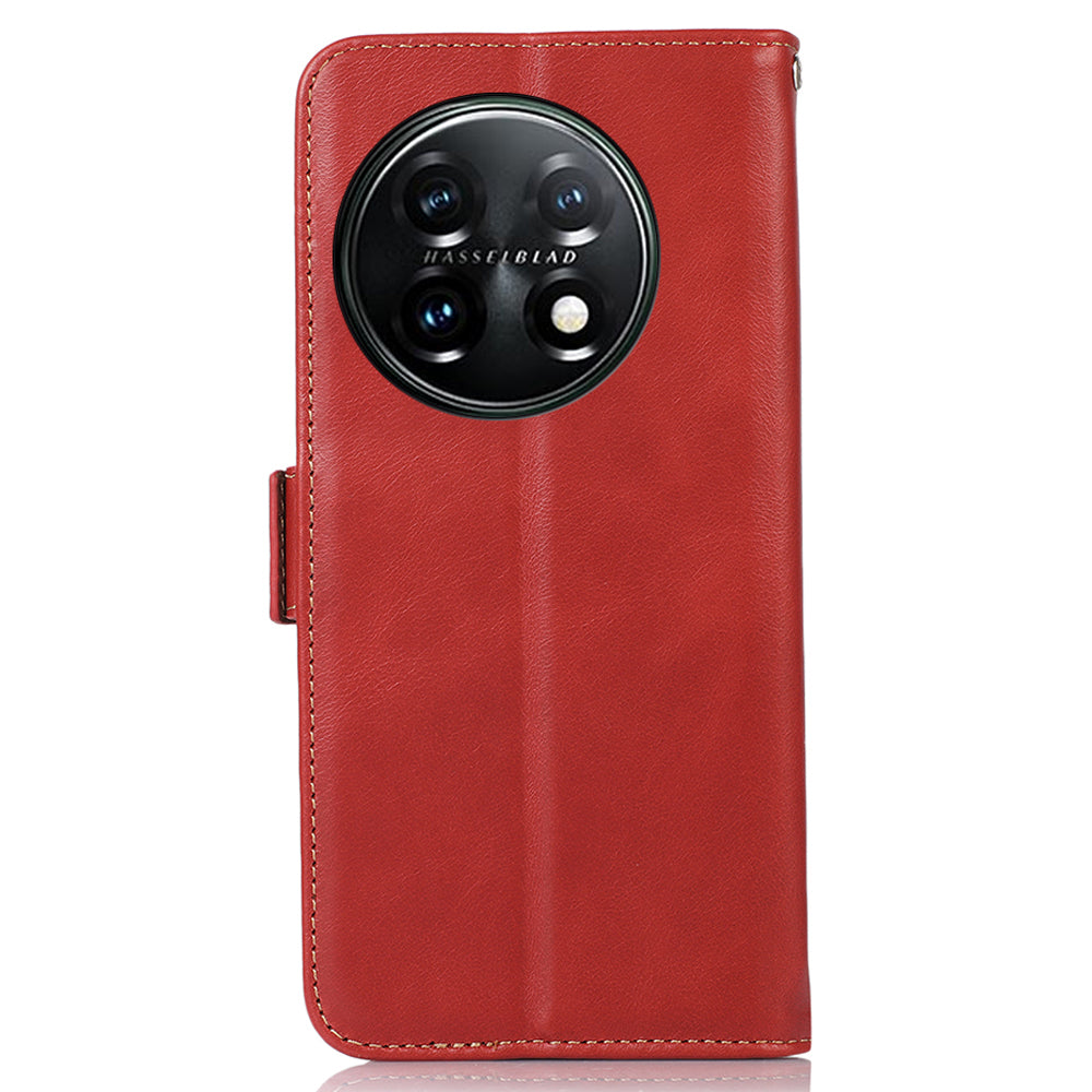 Shockproof Phone Case For OnePlus 11 5G, RFID Blocking Genuine Cowhide Leather Anti-scratch Phone Cover with Wallet Stand - Red