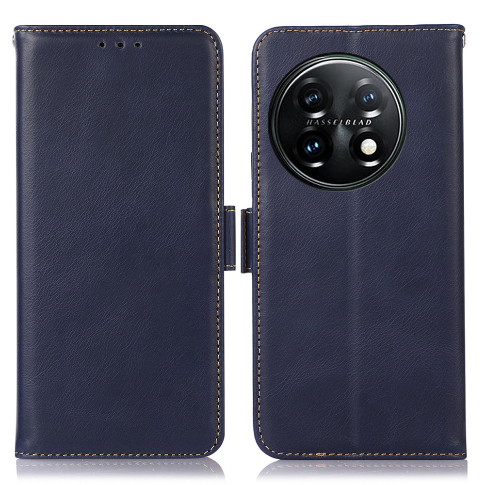 Shockproof Phone Case For OnePlus 11 5G, RFID Blocking Genuine Cowhide Leather Anti-scratch Phone Cover with Wallet Stand - Blue