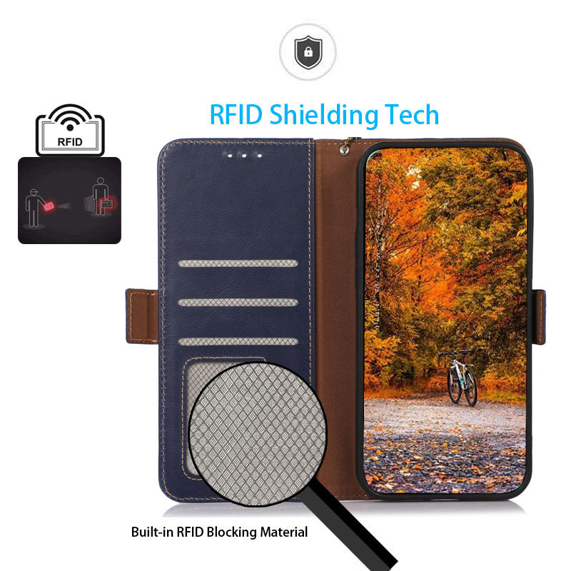 Shockproof Phone Case For OnePlus 11 5G, RFID Blocking Genuine Cowhide Leather Anti-scratch Phone Cover with Wallet Stand - Blue