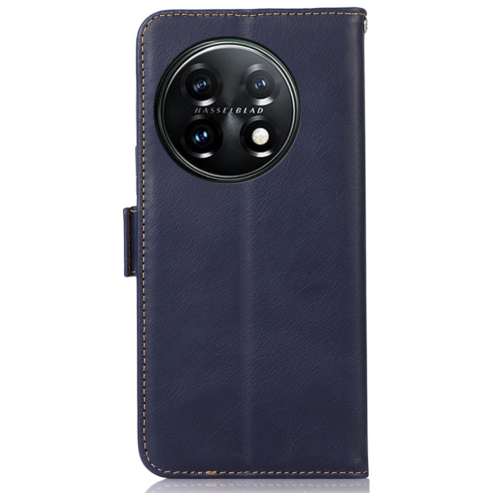 Shockproof Phone Case For OnePlus 11 5G, RFID Blocking Genuine Cowhide Leather Anti-scratch Phone Cover with Wallet Stand - Blue