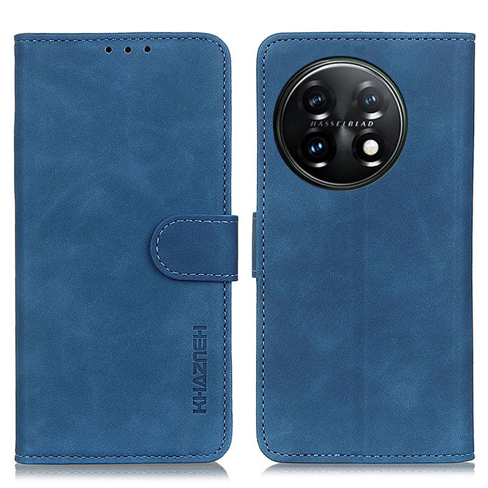 KHAZNEH For OnePlus 11 5G Leather Phone Case Retro Texture Anti-fall Phone Cover with Wallet Stand - Blue