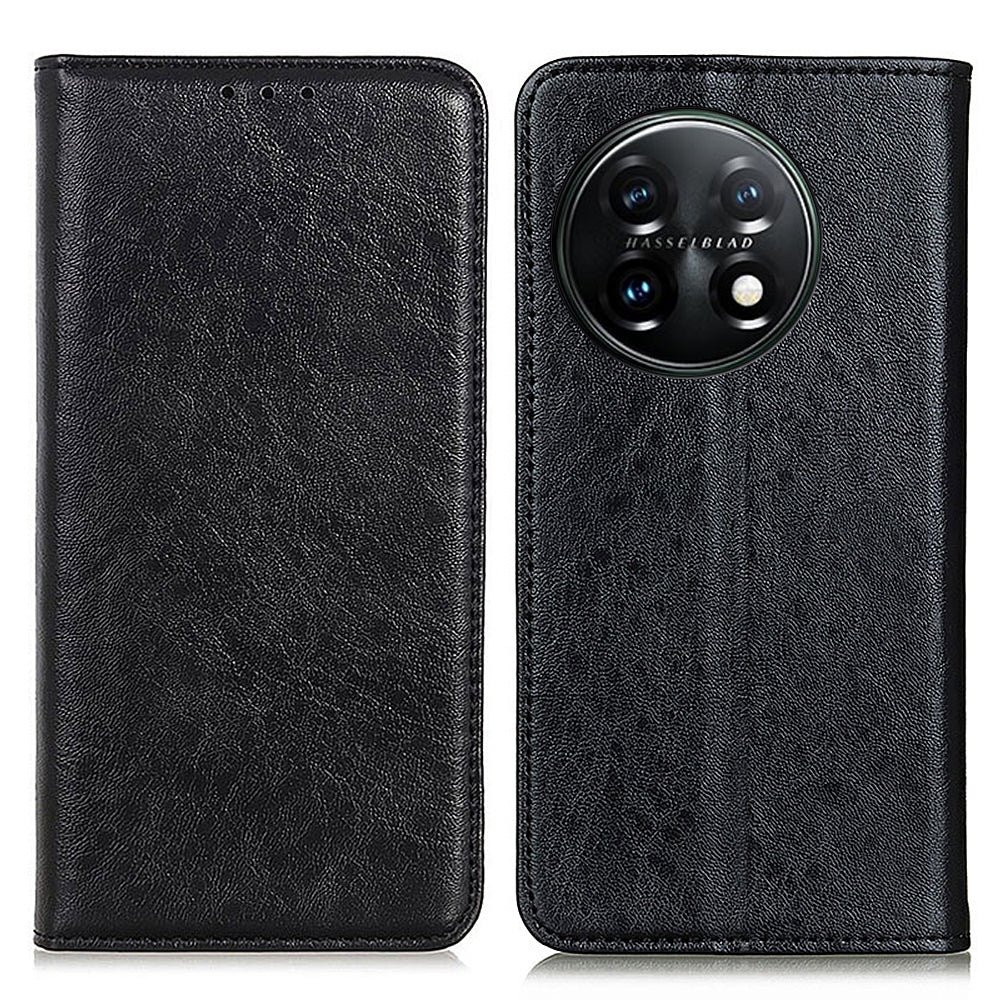 For OnePlus 11 5G Cell Phone Case Stand Crazy Horse Texture PU Leather Wallet Shockproof Phone Cover - Black