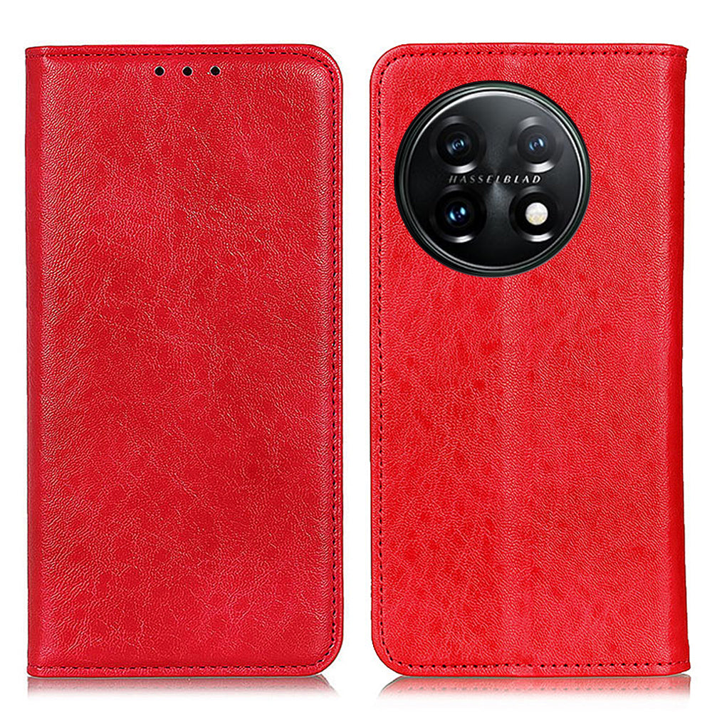 For OnePlus 11 5G Cell Phone Case Stand Crazy Horse Texture PU Leather Wallet Shockproof Phone Cover - Red