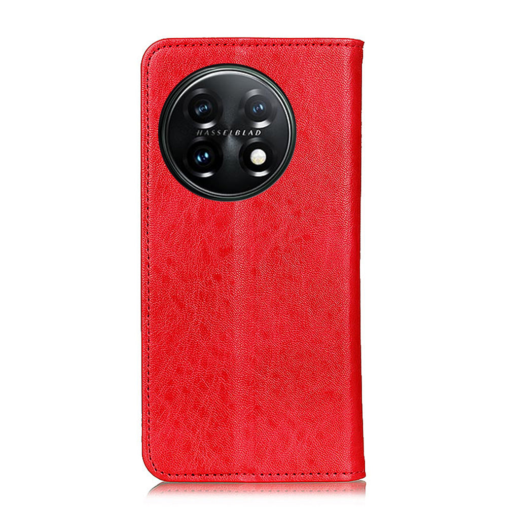 For OnePlus 11 5G Cell Phone Case Stand Crazy Horse Texture PU Leather Wallet Shockproof Phone Cover - Red