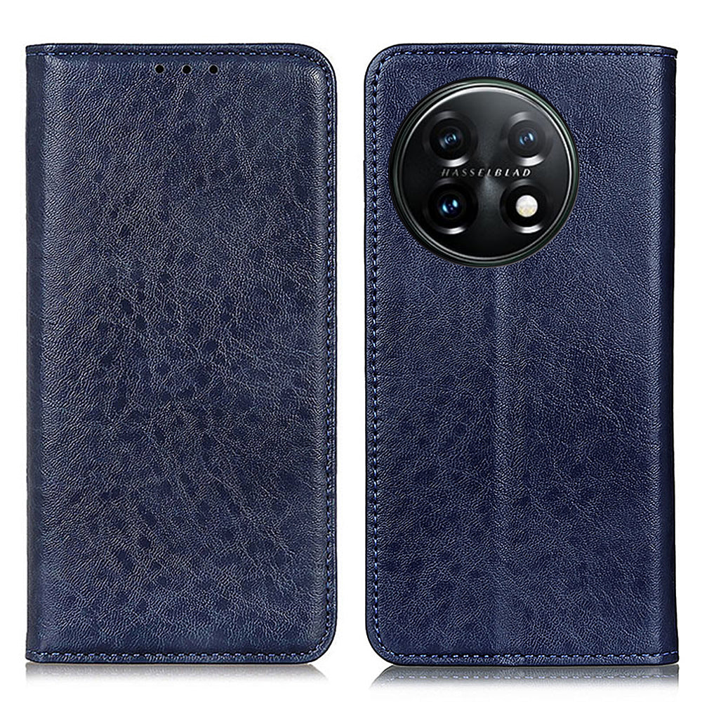 For OnePlus 11 5G Cell Phone Case Stand Crazy Horse Texture PU Leather Wallet Shockproof Phone Cover - Blue