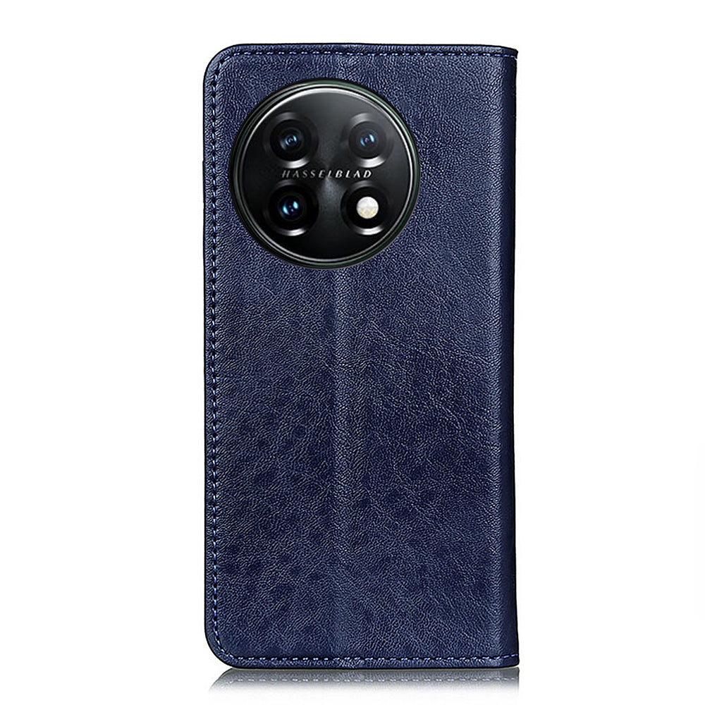 For OnePlus 11 5G Cell Phone Case Stand Crazy Horse Texture PU Leather Wallet Shockproof Phone Cover - Blue