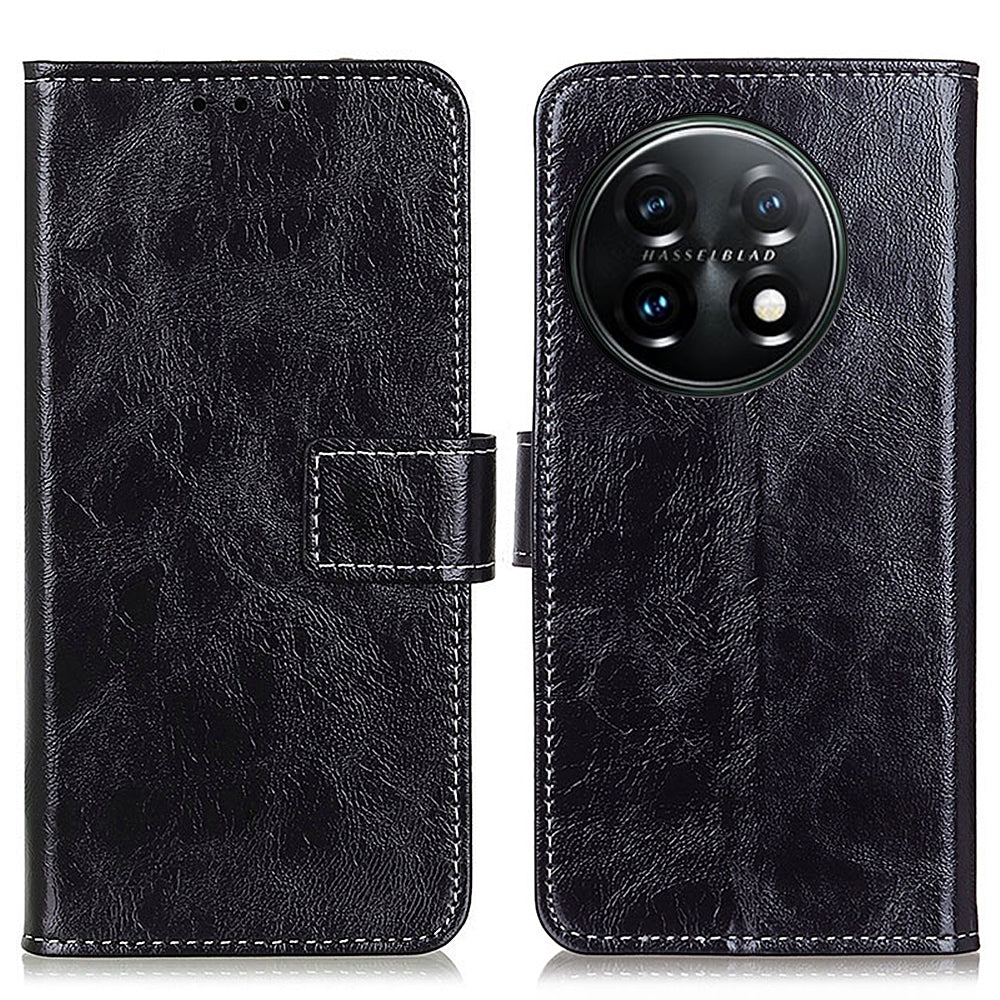 Cell Phone Cover For OnePlus 11 5G , Leather Retro Crazy Horse Texture Anti-scratch Phone Case Stand Wallet - Black