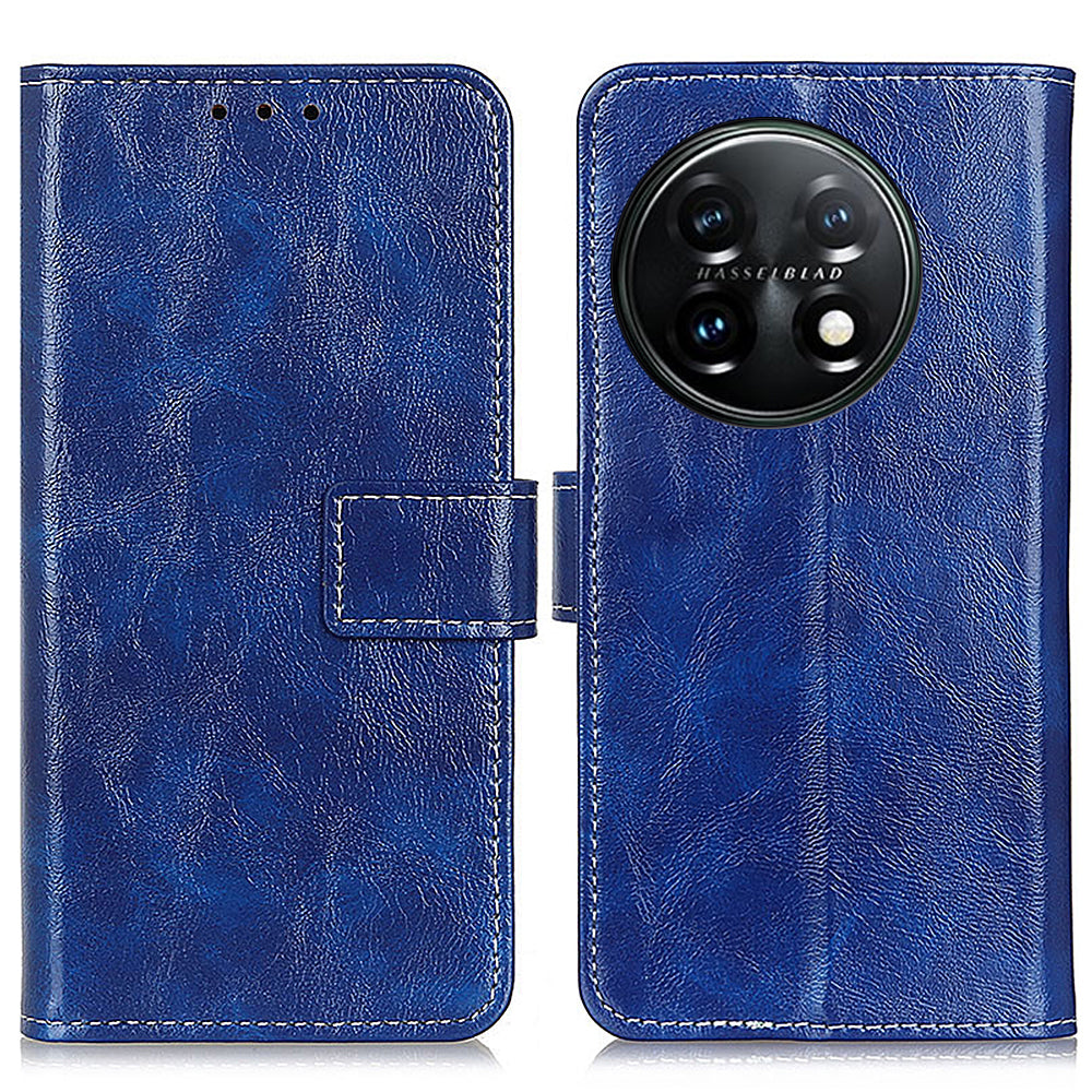 Cell Phone Cover For OnePlus 11 5G , Leather Retro Crazy Horse Texture Anti-scratch Phone Case Stand Wallet - Blue