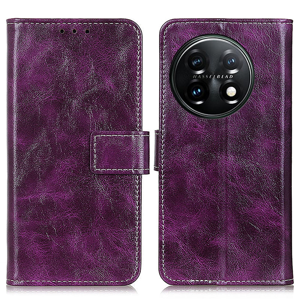 Cell Phone Cover For OnePlus 11 5G , Leather Retro Crazy Horse Texture Anti-scratch Phone Case Stand Wallet - Purple
