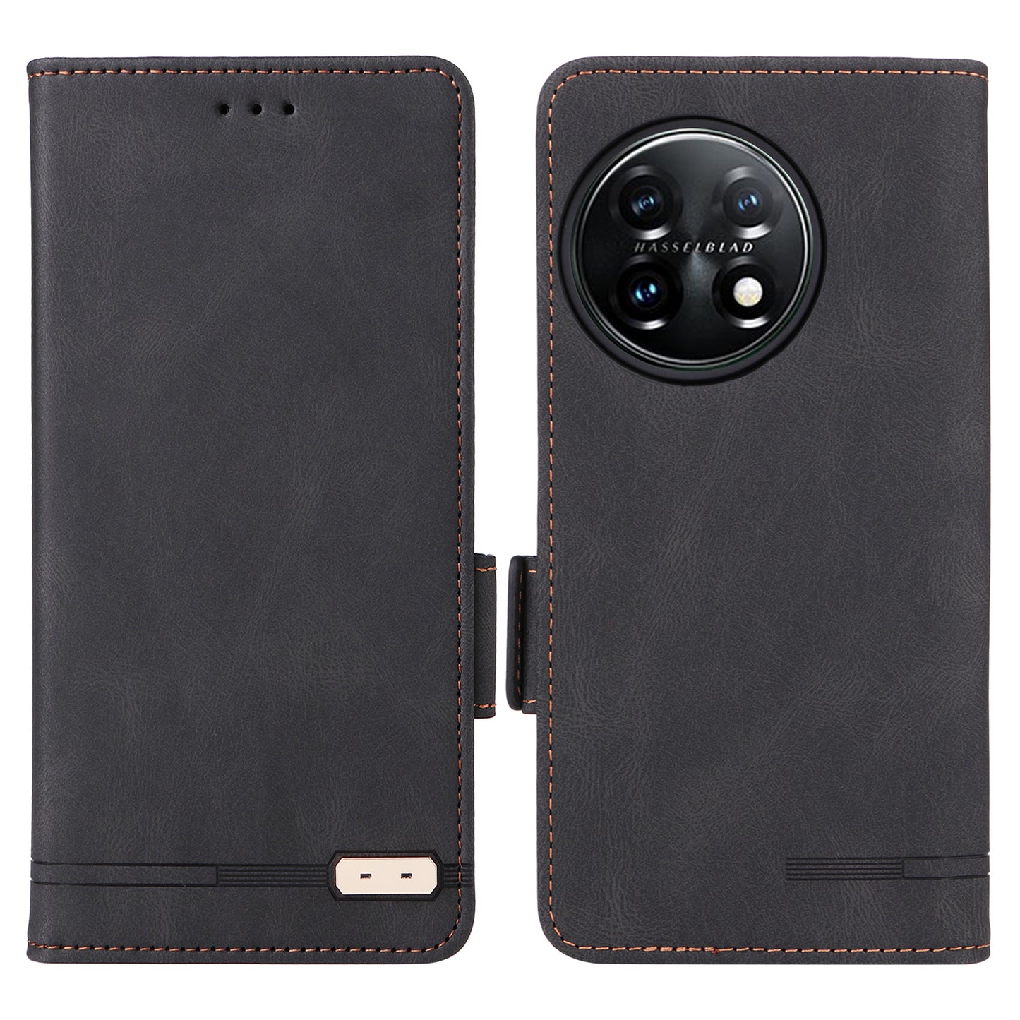 For OnePlus 11 5G Flip Cell Phone Cover Hardware Decor PU Leather Wallet Phone Case with Phone Stand Function - Black