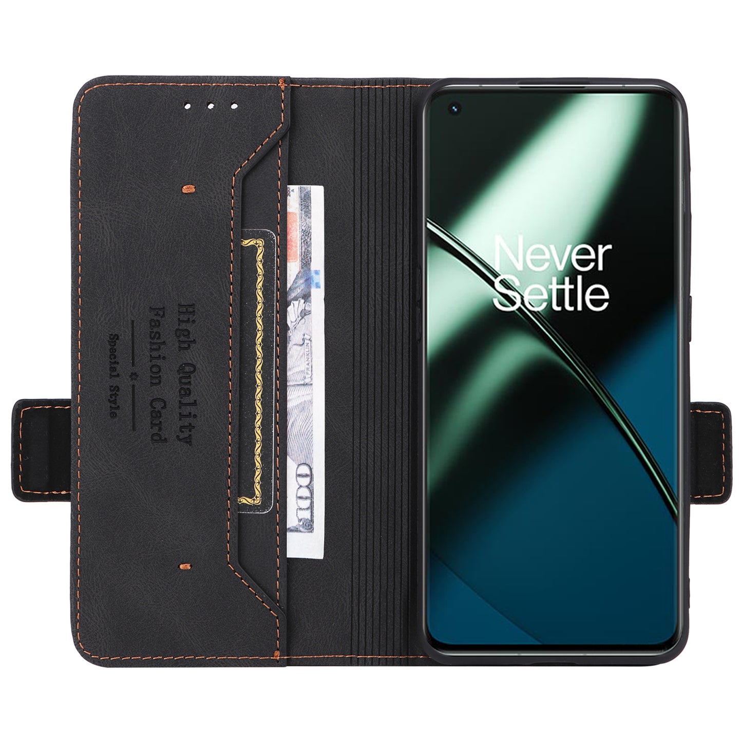 For OnePlus 11 5G Flip Cell Phone Cover Hardware Decor PU Leather Wallet Phone Case with Phone Stand Function - Black