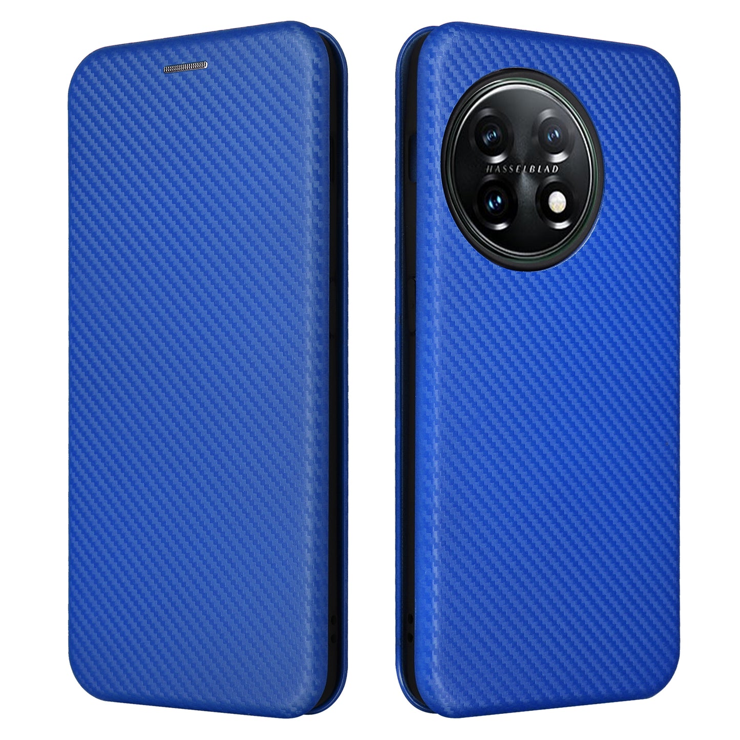 For OnePlus 11 5G PU Leather Stand Card Slots Case Carbon Fiber Texture Magnetic Auto-absorbed Folio Phone Cover - Blue