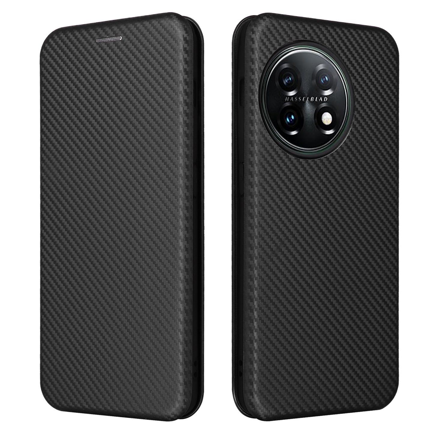 For OnePlus 11 5G PU Leather Stand Card Slots Case Carbon Fiber Texture Magnetic Auto-absorbed Folio Phone Cover - Black