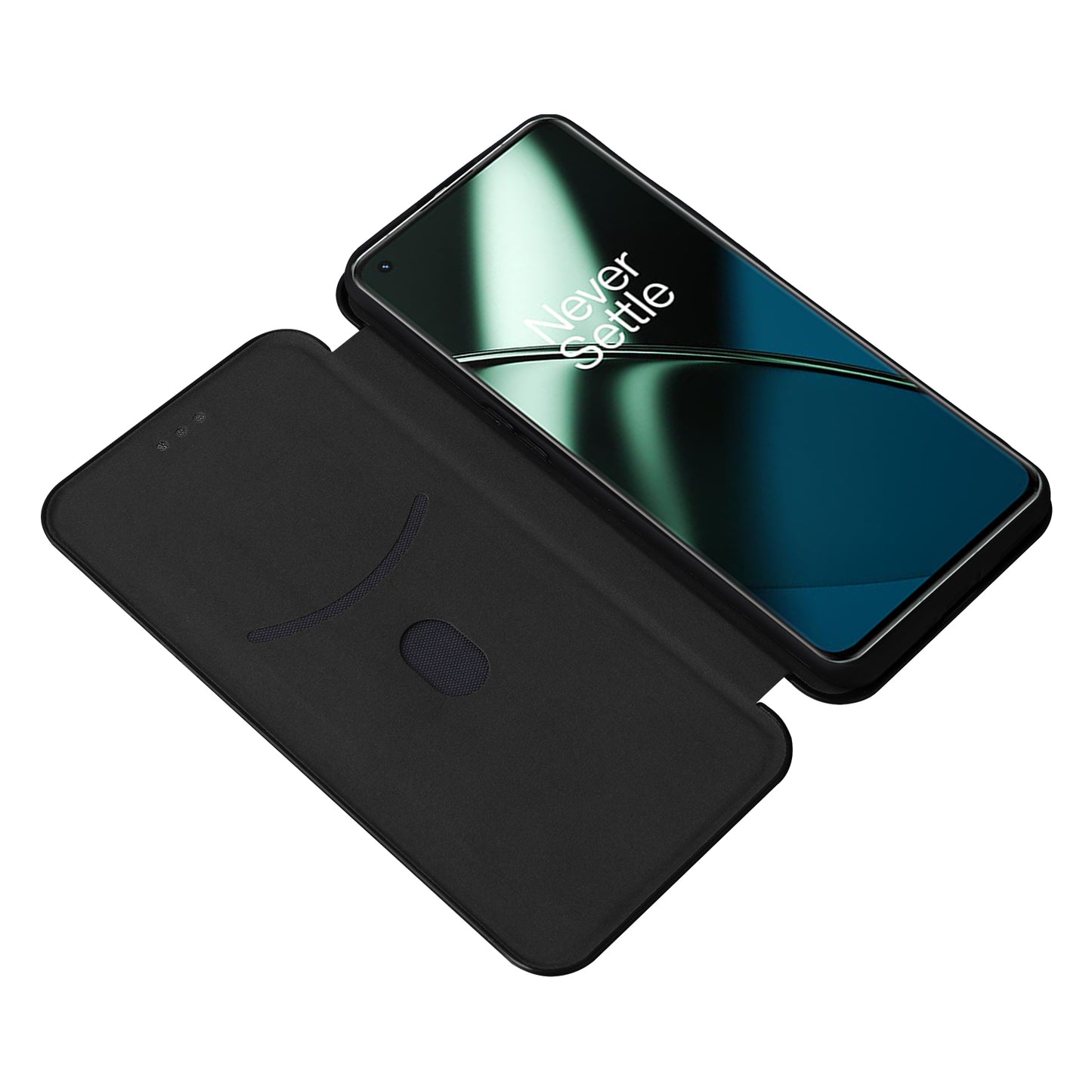 For OnePlus 11 5G PU Leather Stand Card Slots Case Carbon Fiber Texture Magnetic Auto-absorbed Folio Phone Cover - Black