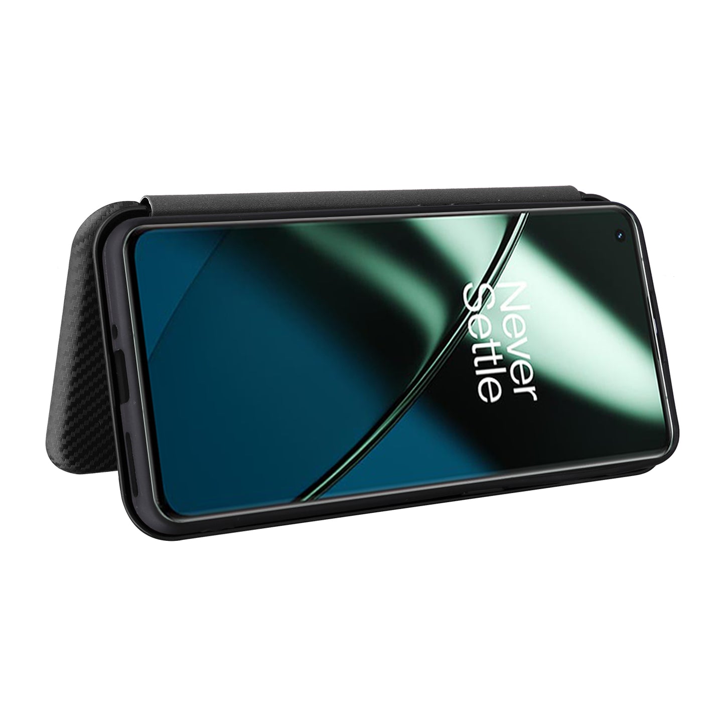 For OnePlus 11 5G PU Leather Stand Card Slots Case Carbon Fiber Texture Magnetic Auto-absorbed Folio Phone Cover - Black