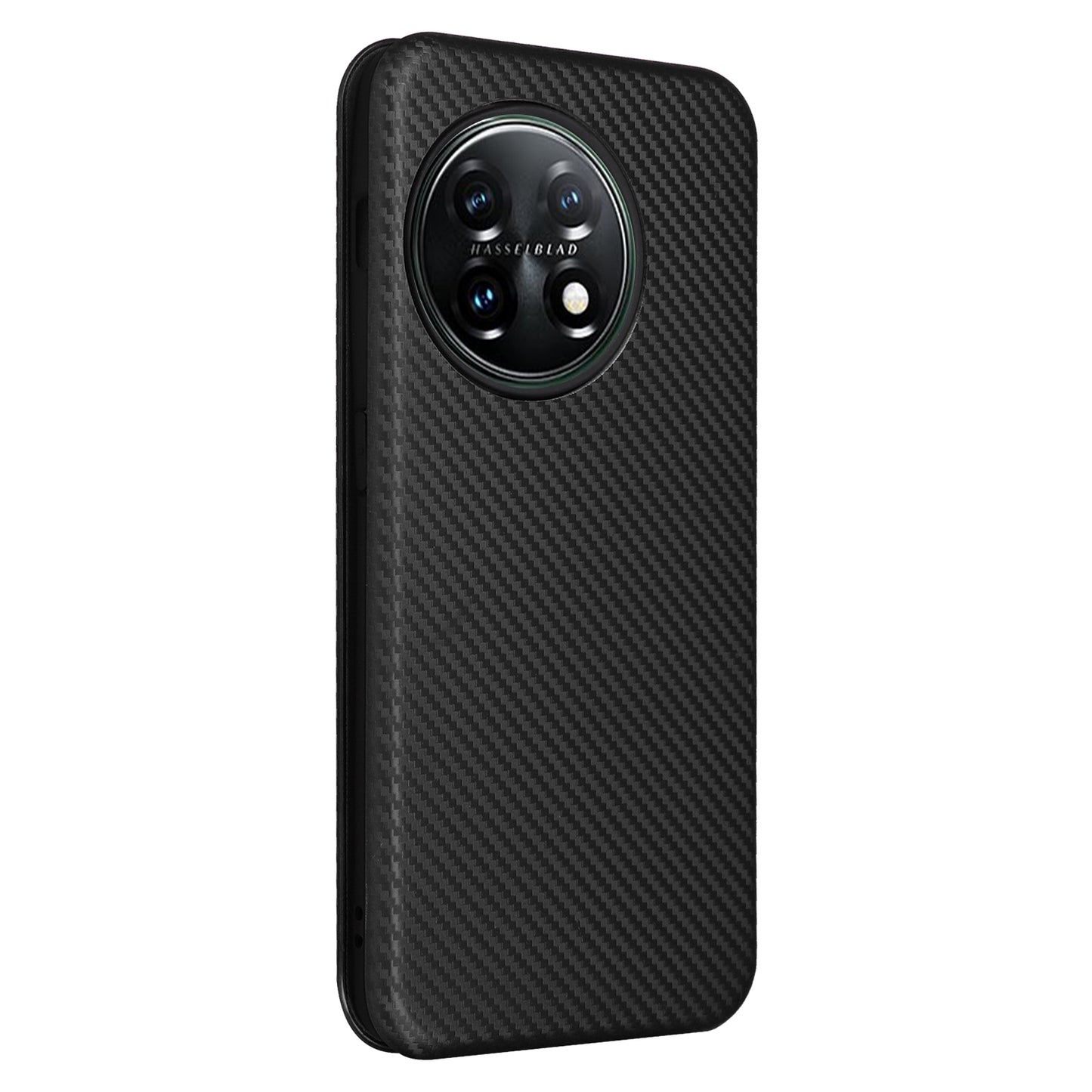 For OnePlus 11 5G PU Leather Stand Card Slots Case Carbon Fiber Texture Magnetic Auto-absorbed Folio Phone Cover - Black