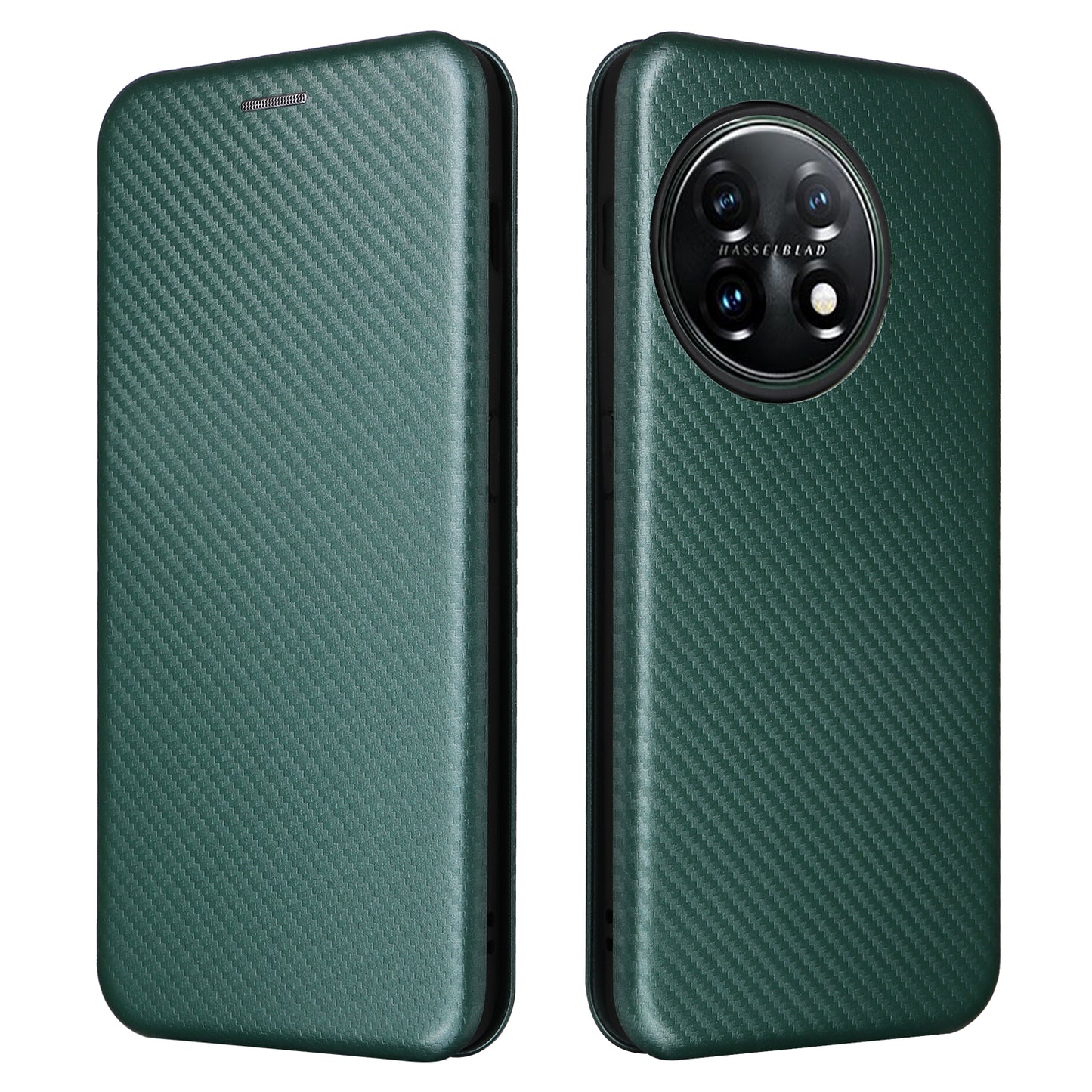 For OnePlus 11 5G PU Leather Stand Card Slots Case Carbon Fiber Texture Magnetic Auto-absorbed Folio Phone Cover - Green