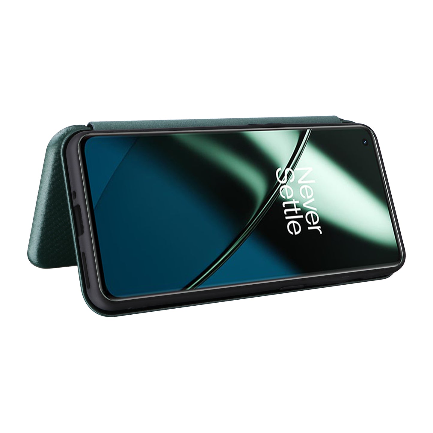 For OnePlus 11 5G PU Leather Stand Card Slots Case Carbon Fiber Texture Magnetic Auto-absorbed Folio Phone Cover - Green