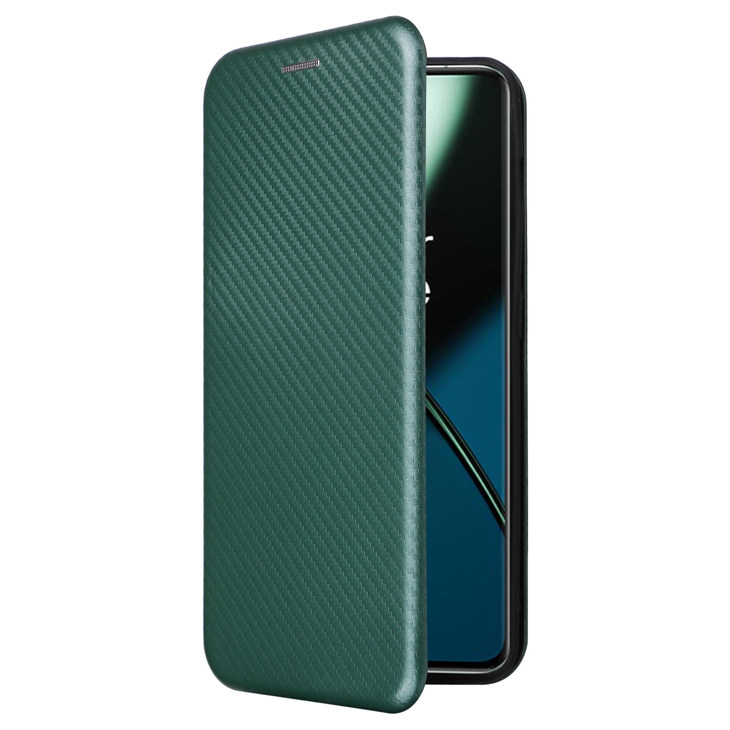 For OnePlus 11 5G PU Leather Stand Card Slots Case Carbon Fiber Texture Magnetic Auto-absorbed Folio Phone Cover - Green