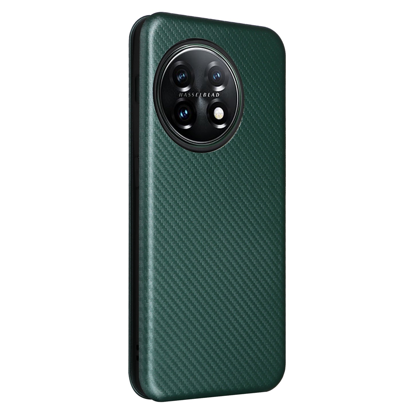 For OnePlus 11 5G PU Leather Stand Card Slots Case Carbon Fiber Texture Magnetic Auto-absorbed Folio Phone Cover - Green