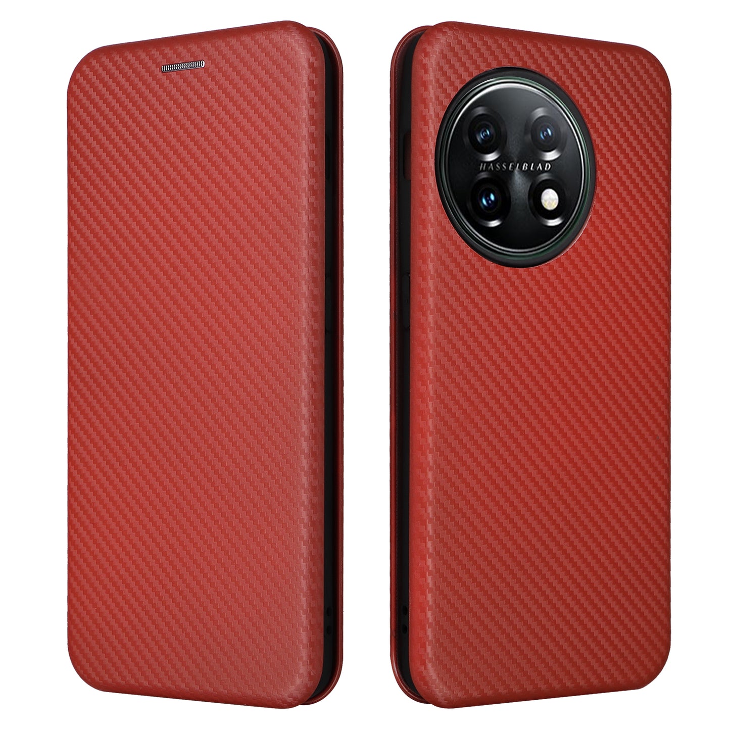 For OnePlus 11 5G PU Leather Stand Card Slots Case Carbon Fiber Texture Magnetic Auto-absorbed Folio Phone Cover - Red