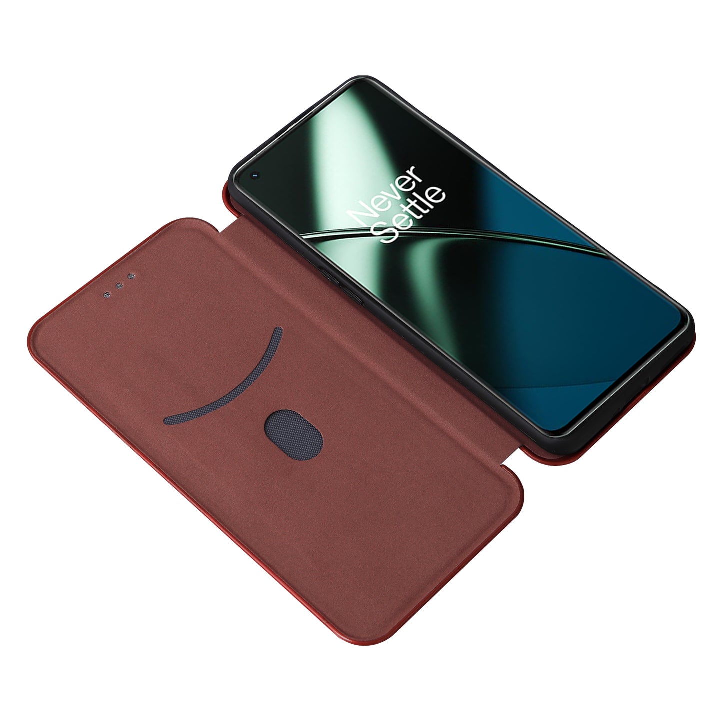 For OnePlus 11 5G PU Leather Stand Card Slots Case Carbon Fiber Texture Magnetic Auto-absorbed Folio Phone Cover - Red