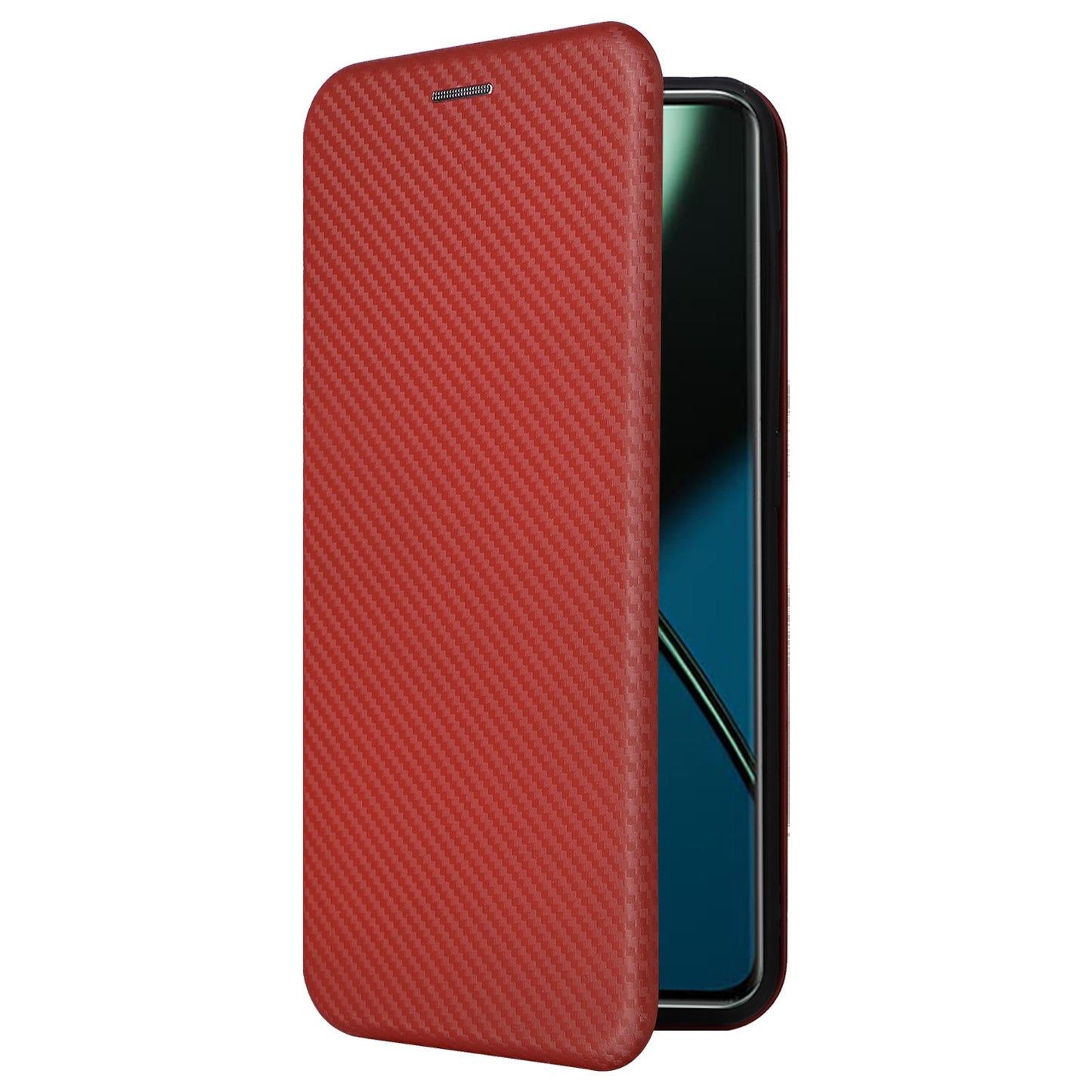 For OnePlus 11 5G PU Leather Stand Card Slots Case Carbon Fiber Texture Magnetic Auto-absorbed Folio Phone Cover - Red