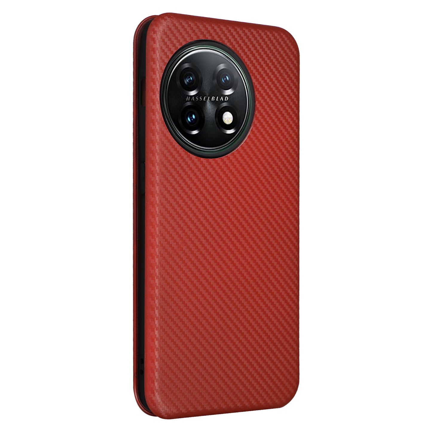 For OnePlus 11 5G PU Leather Stand Card Slots Case Carbon Fiber Texture Magnetic Auto-absorbed Folio Phone Cover - Red