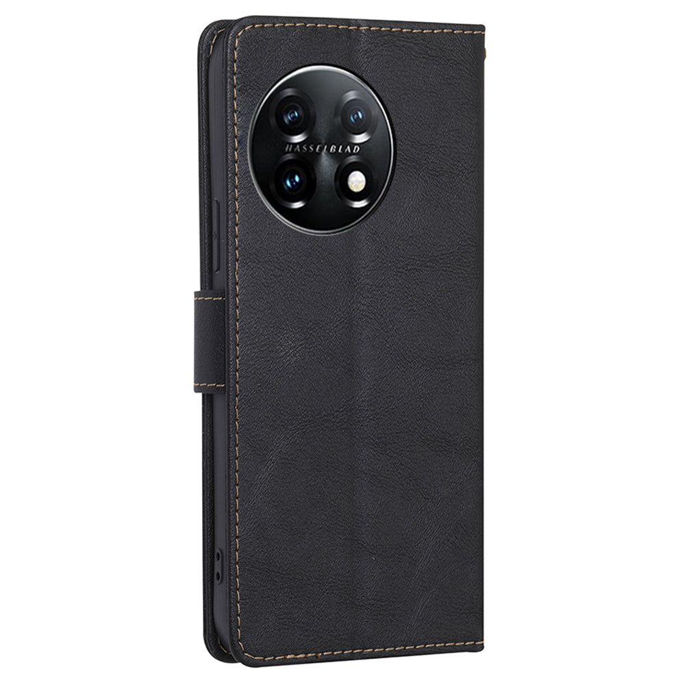 For OnePlus 11 5G Anti-drop Cowhide Texture PU Leather Stand Wallet Phone Case RFID Blocking Cover - Black