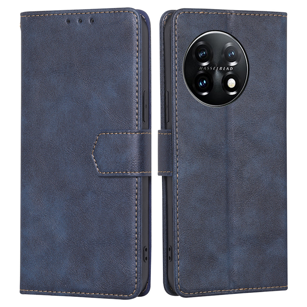 For OnePlus 11 5G Anti-drop Cowhide Texture PU Leather Stand Wallet Phone Case RFID Blocking Cover - Blue