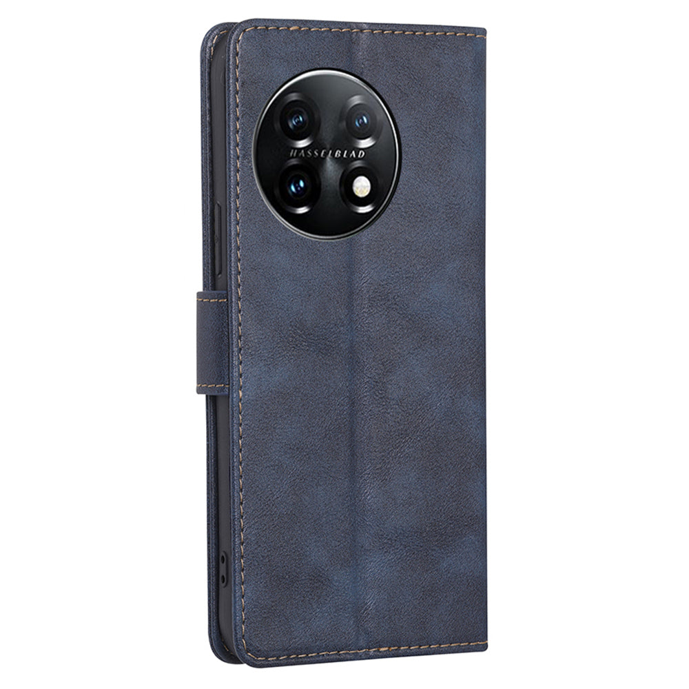 For OnePlus 11 5G Anti-drop Cowhide Texture PU Leather Stand Wallet Phone Case RFID Blocking Cover - Blue