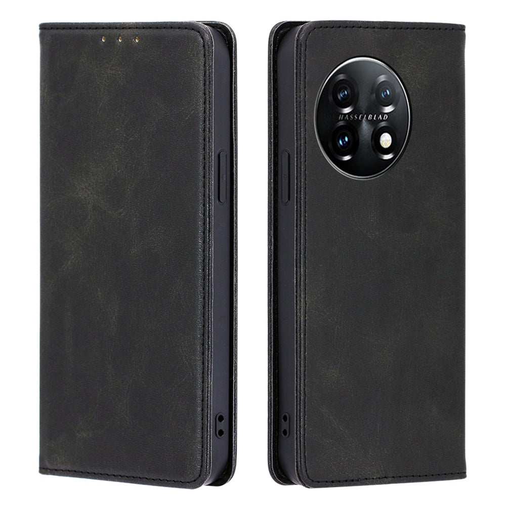 For OnePlus 11 5G Calf Texture Protective Phone Case Wallet Stand PU Leather Anti-drop Cell Phone Cover - Black