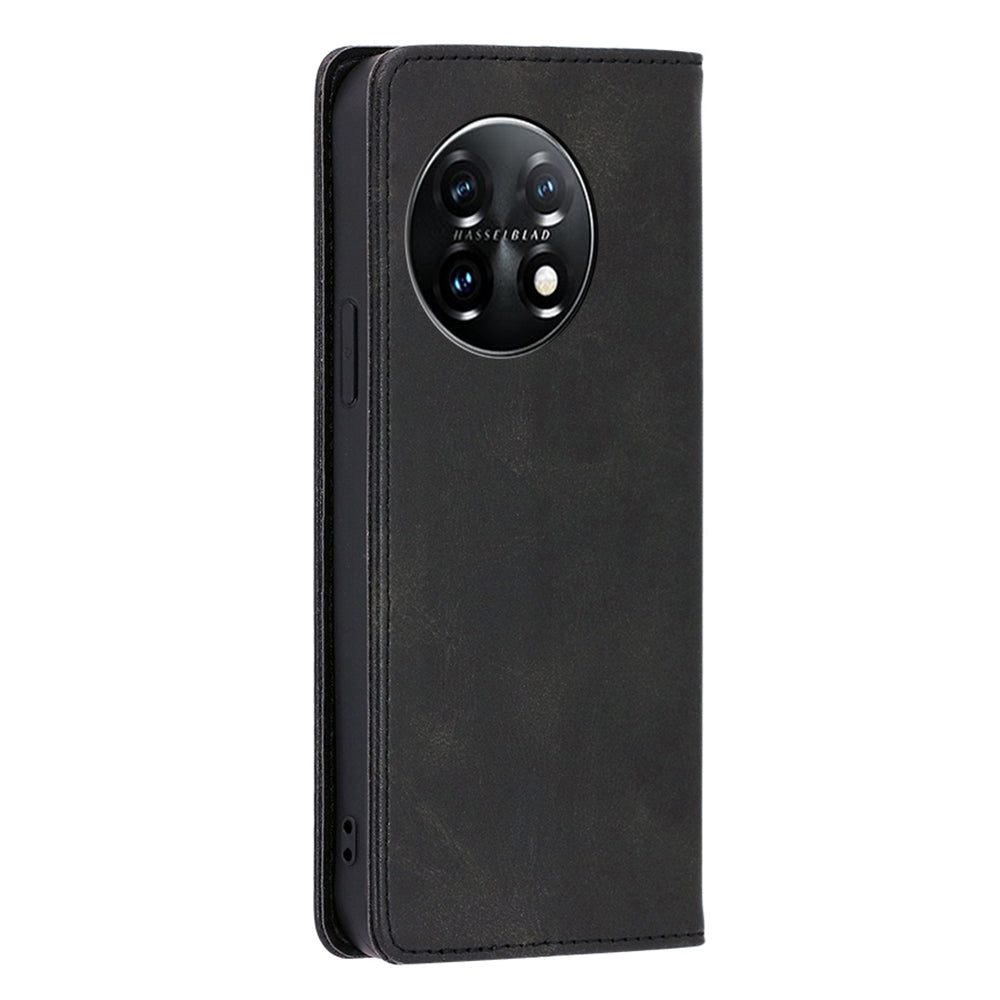 For OnePlus 11 5G Calf Texture Protective Phone Case Wallet Stand PU Leather Anti-drop Cell Phone Cover - Black