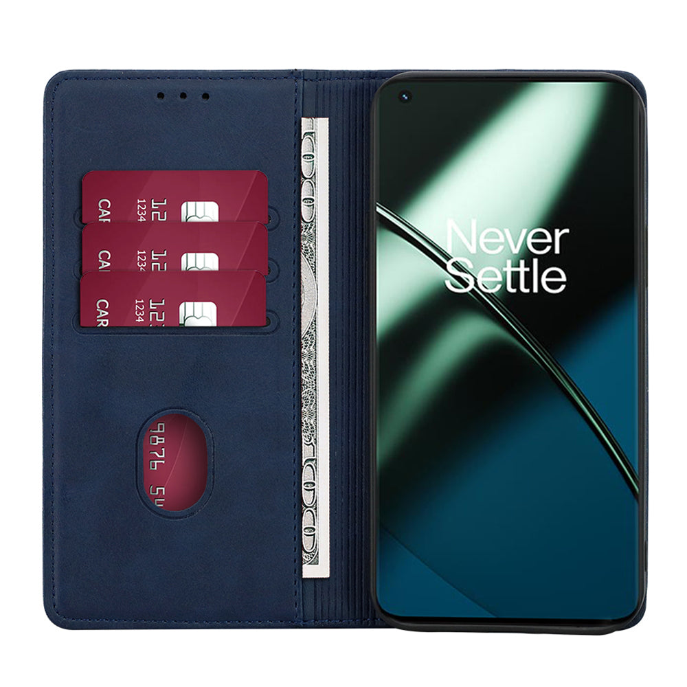 For OnePlus 11 5G Calf Texture Protective Phone Case Wallet Stand PU Leather Anti-drop Cell Phone Cover - Blue