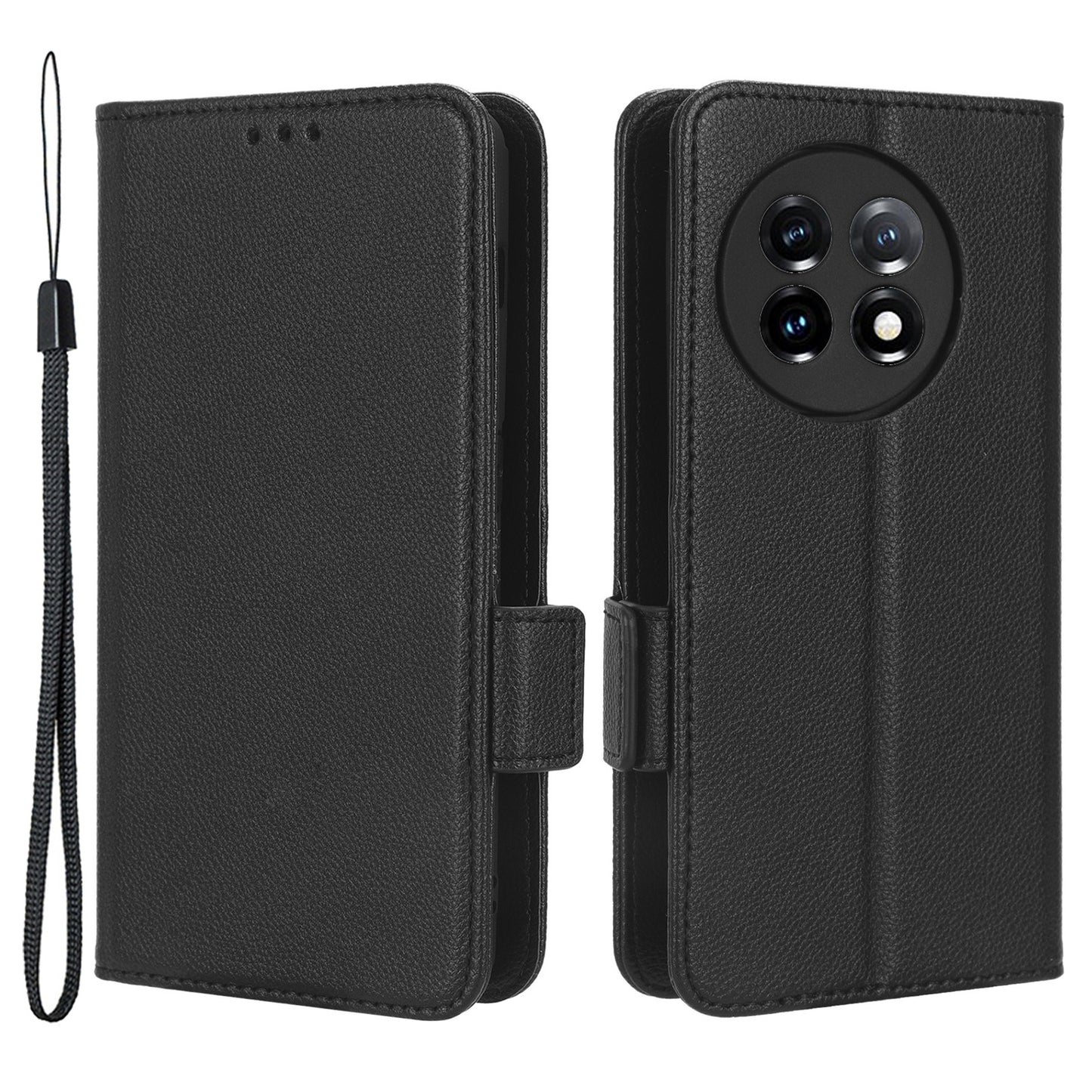 Anti-drop Phone Cover For OnePlus 11 5G Wallet Stand Litchi Texture PU Leather Protective Phone Case - Black