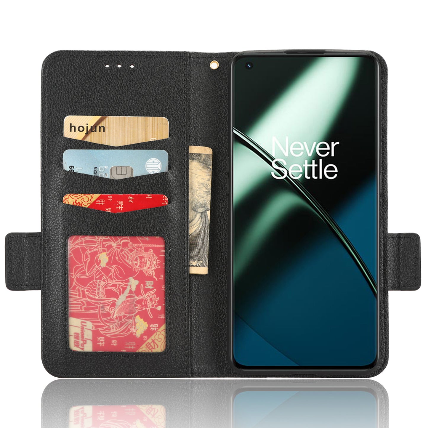 Anti-drop Phone Cover For OnePlus 11 5G Wallet Stand Litchi Texture PU Leather Protective Phone Case - Black