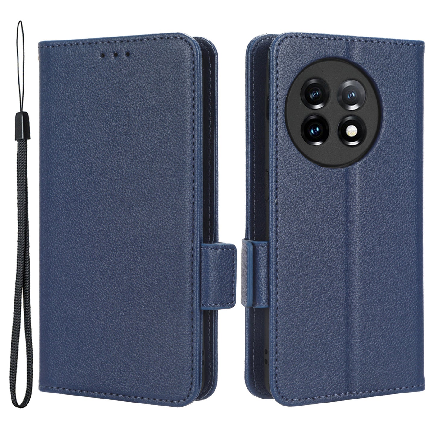 Anti-drop Phone Cover For OnePlus 11 5G Wallet Stand Litchi Texture PU Leather Protective Phone Case - Dark Blue