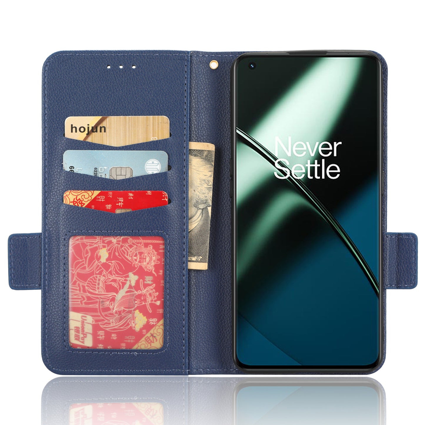 Anti-drop Phone Cover For OnePlus 11 5G Wallet Stand Litchi Texture PU Leather Protective Phone Case - Dark Blue