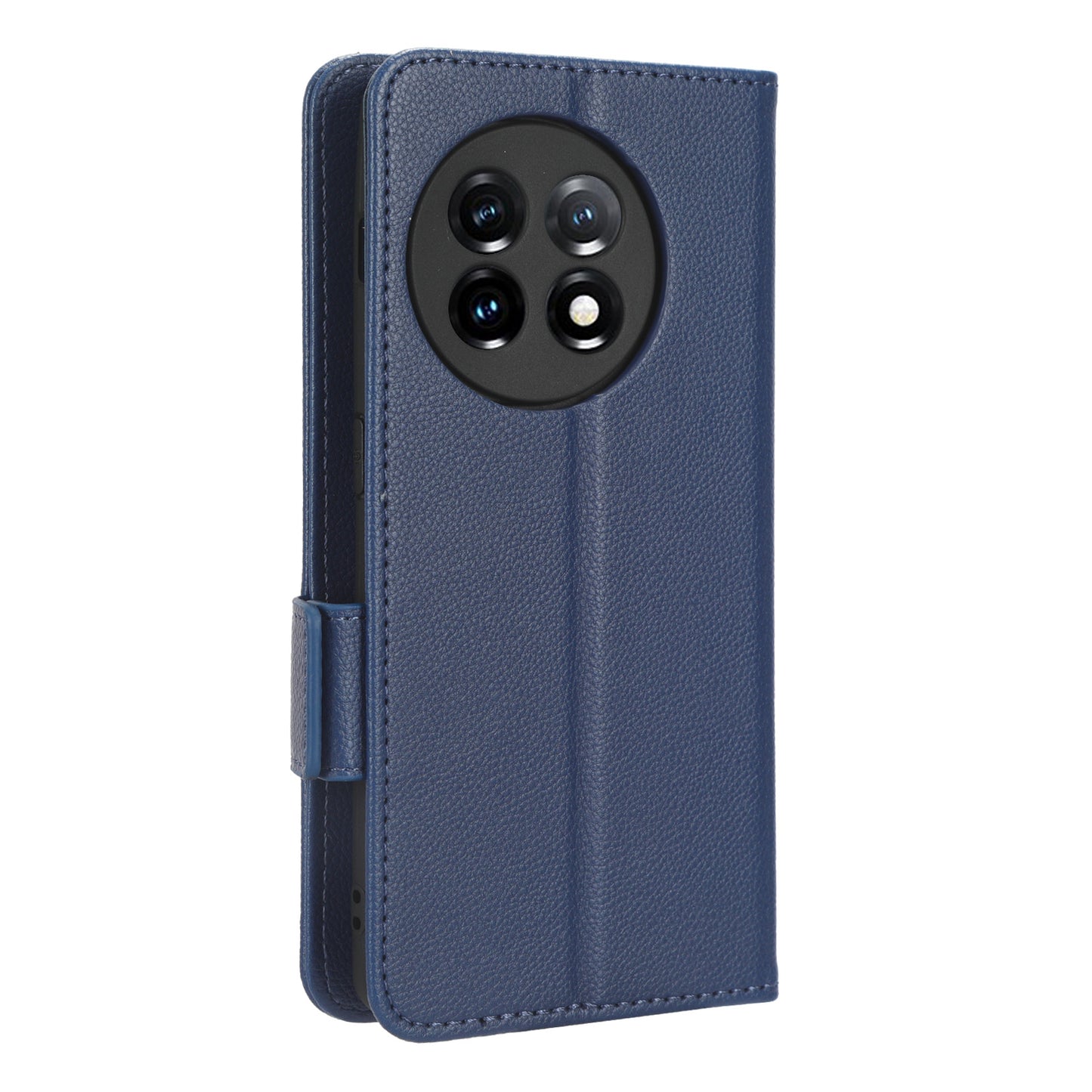 Anti-drop Phone Cover For OnePlus 11 5G Wallet Stand Litchi Texture PU Leather Protective Phone Case - Dark Blue