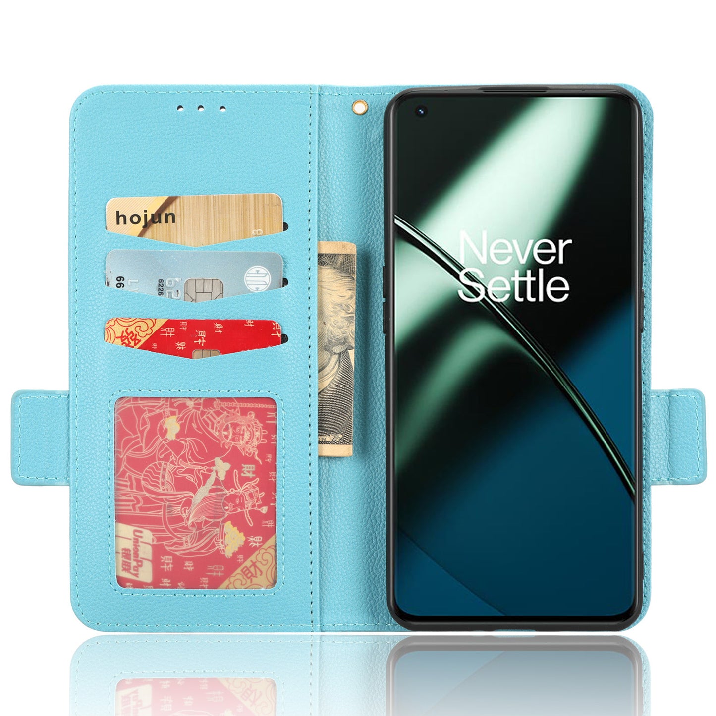 Anti-drop Phone Cover For OnePlus 11 5G Wallet Stand Litchi Texture PU Leather Protective Phone Case - Baby Blue