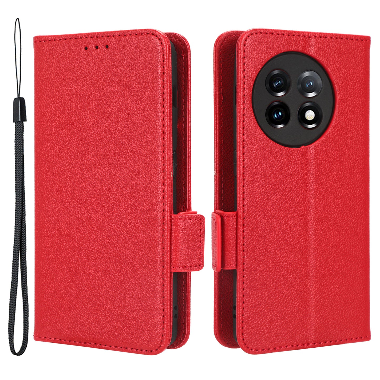 Anti-drop Phone Cover For OnePlus 11 5G Wallet Stand Litchi Texture PU Leather Protective Phone Case - Red
