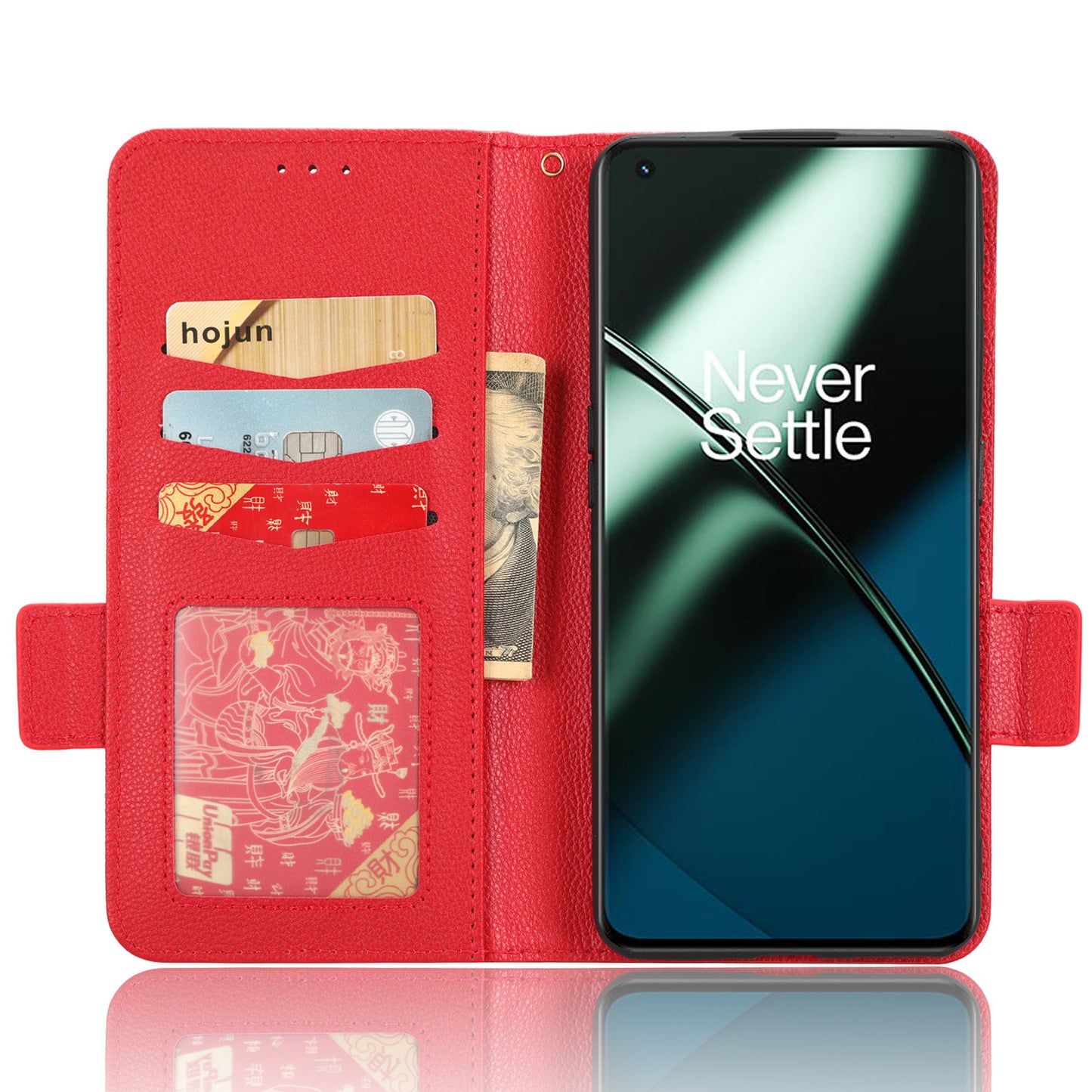 Anti-drop Phone Cover For OnePlus 11 5G Wallet Stand Litchi Texture PU Leather Protective Phone Case - Red
