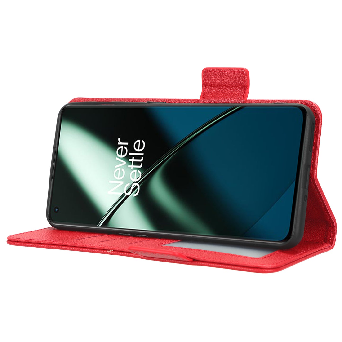 Anti-drop Phone Cover For OnePlus 11 5G Wallet Stand Litchi Texture PU Leather Protective Phone Case - Red