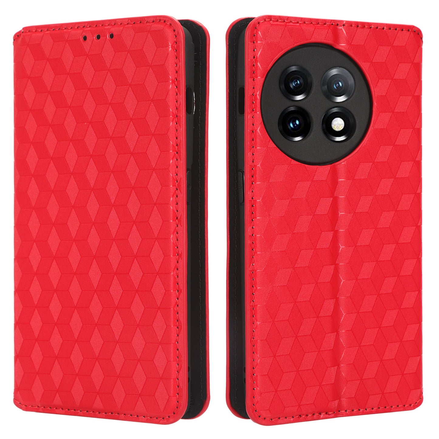 For OnePlus 11 5G Anti-scratch Protective Phone Case Stand Wallet Imprinted Rhombus Pattern PU Leather Phone Cover - Red